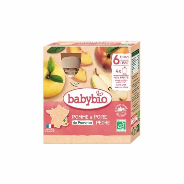 Babybio Gourde dessert pomme poire pêche bio dès 6 mois 4x90g