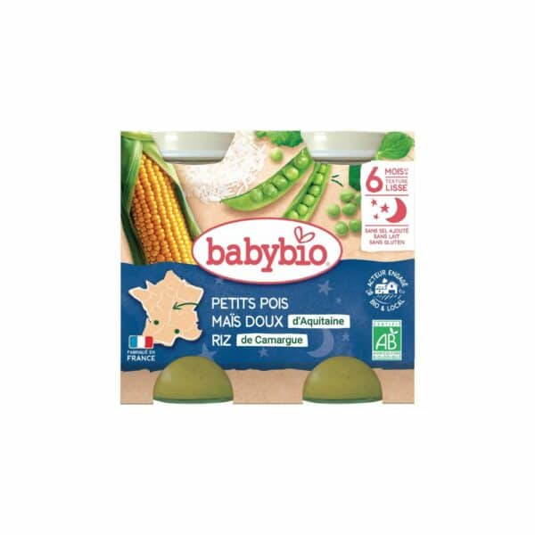 Babybio Petit pot petits pois maïs doux riz bio dès 6 mois 2x200g